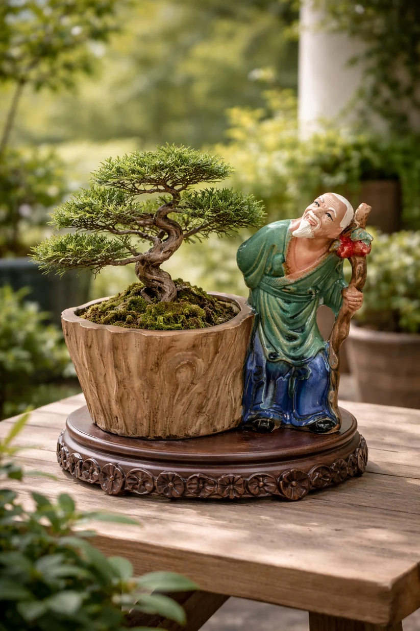 Authentic Japanese Imported Bonsai Pot with Elder Figurine – Premium Ceramic Decorative Planter (Collectible Piece)
