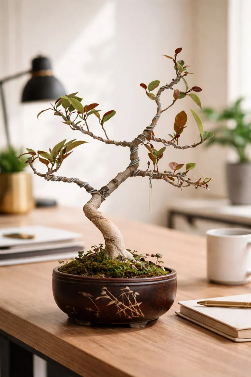 Australian Silver Ficus Bonsai – Wired Artistic Shape | Live Bonsai Tree with Ceramic Pot | Premium Indoor Outdoor Plant